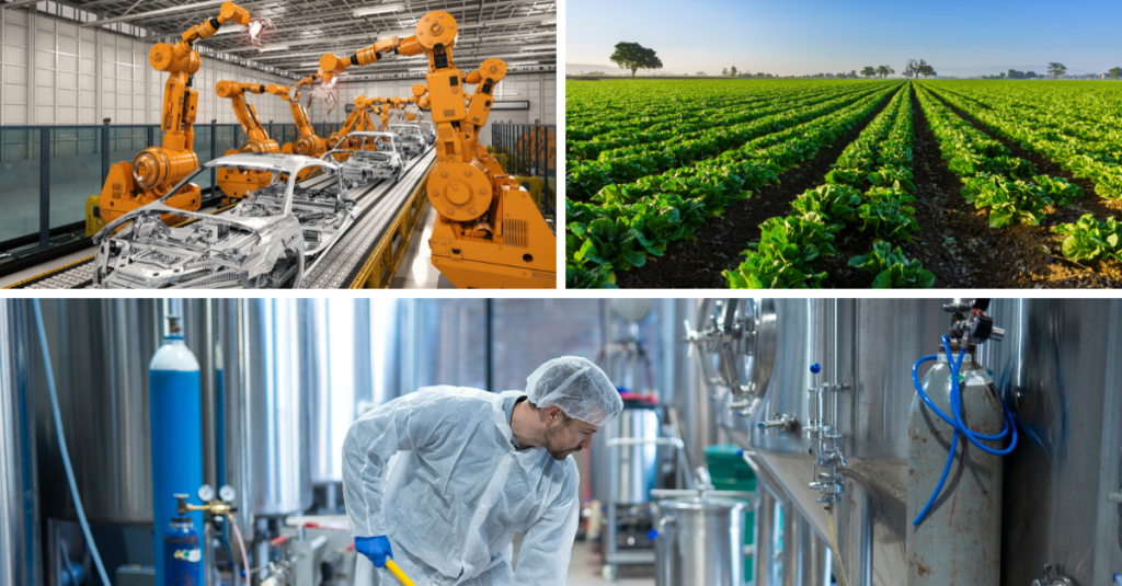 Three spotlight images featuring an automotive plant, large field, and a food production worker cleaning a factory.
