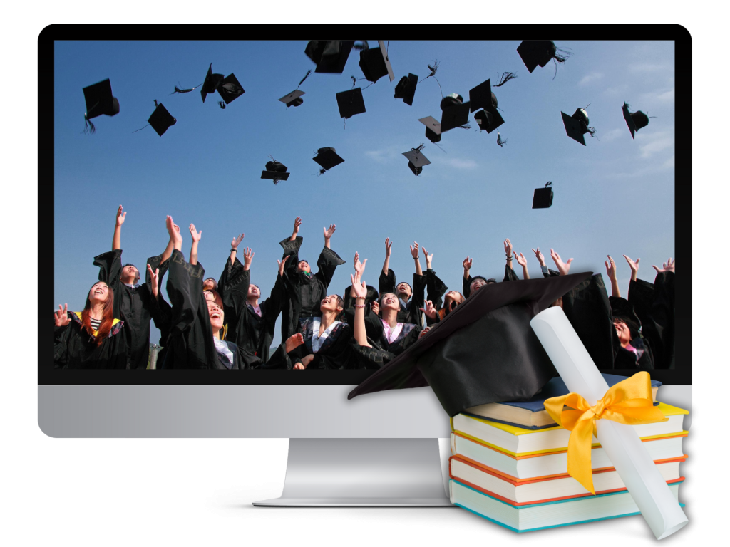 A computer monitor displaying graduates tossing their caps up into the sky, alongside a stack of books with a diploma and graduate cap.