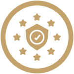A shield icon with a checkmark in the centre, surrounded by small stars.