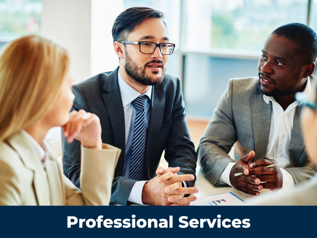 Three business people discuss financial services at a table.