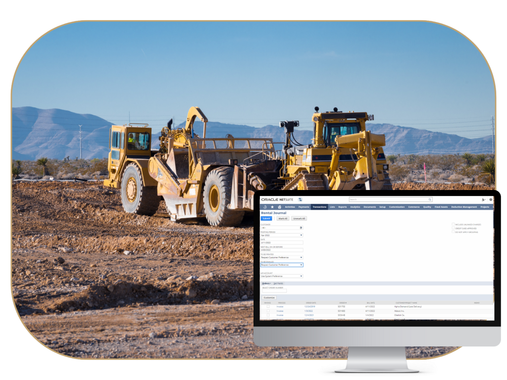 A UI for rental management on a computer monitor in front of a construction zone with two bulldozers.