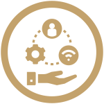 A hand icon holding a network, gear, and client icon.