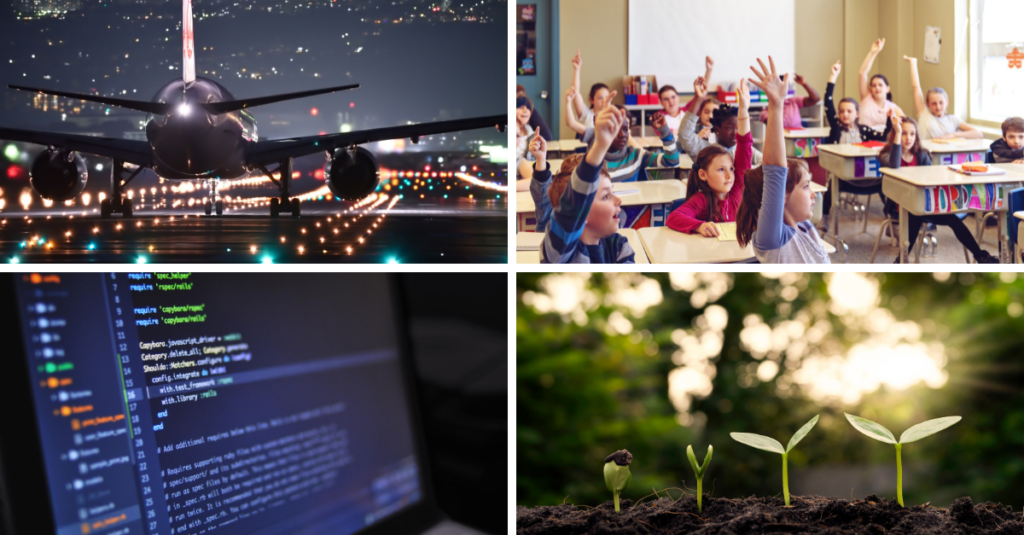 A four image gallery featuring a plane lifting off, a classroom full of children, a laptop with computer code displayed, and slowly growing green sprouts.