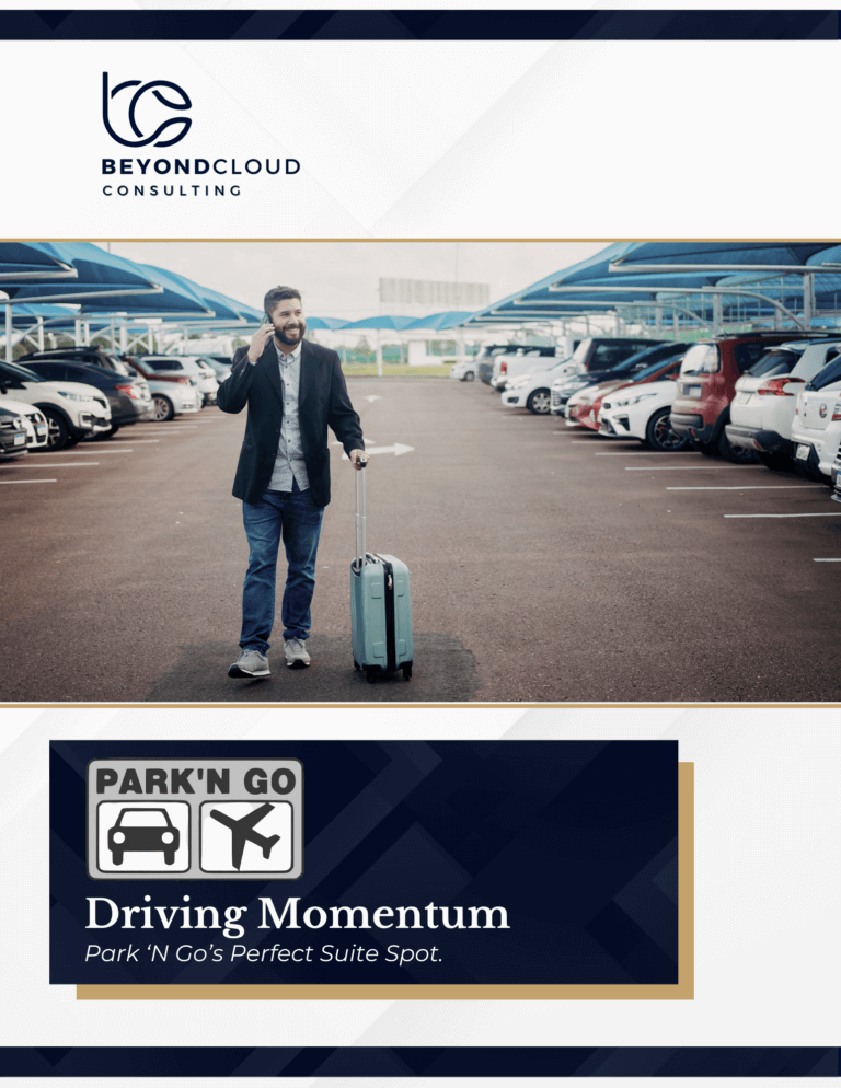 Park 'N Go Cover Page - featuring a traveler in an airport parking lot full of vehicles.