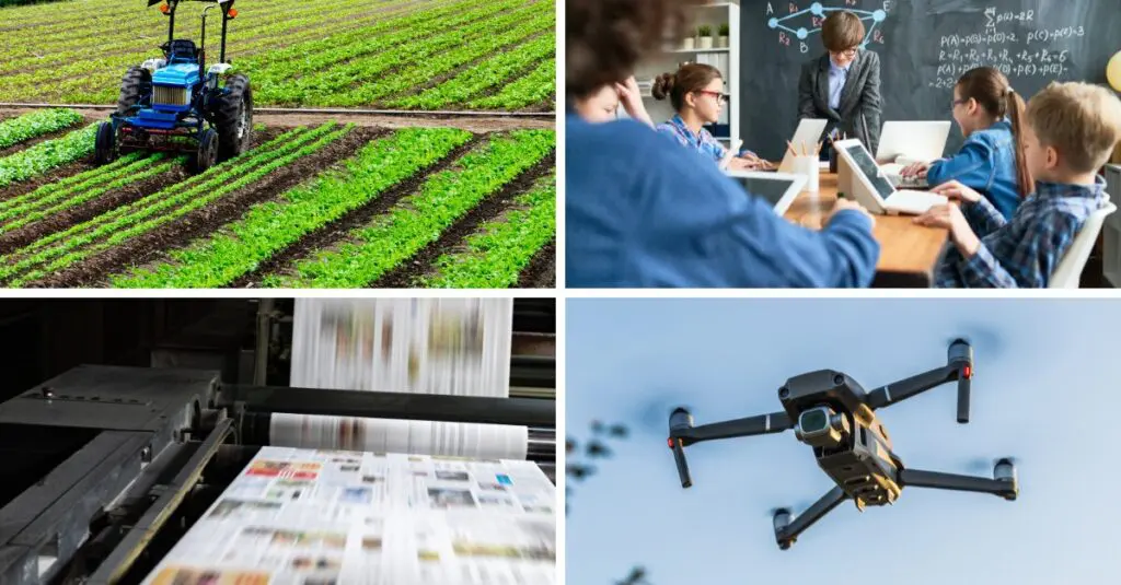 A quadruple featurette showcasing a tractor for agriculture, a classroom with students for education, a magazine printing machine for media & publishing, and a drone for robotics.