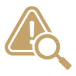 An exclamation mark icon with a magnifying glass.