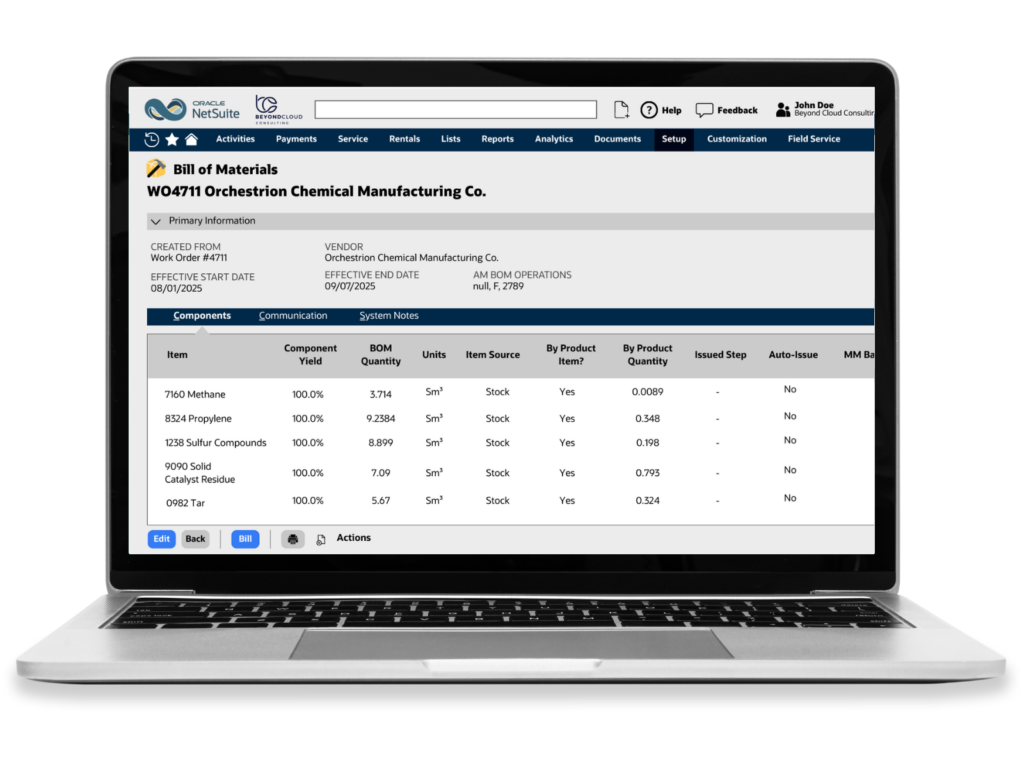 A laptop showing the ByProduct solution's bill of materials in NetSuite