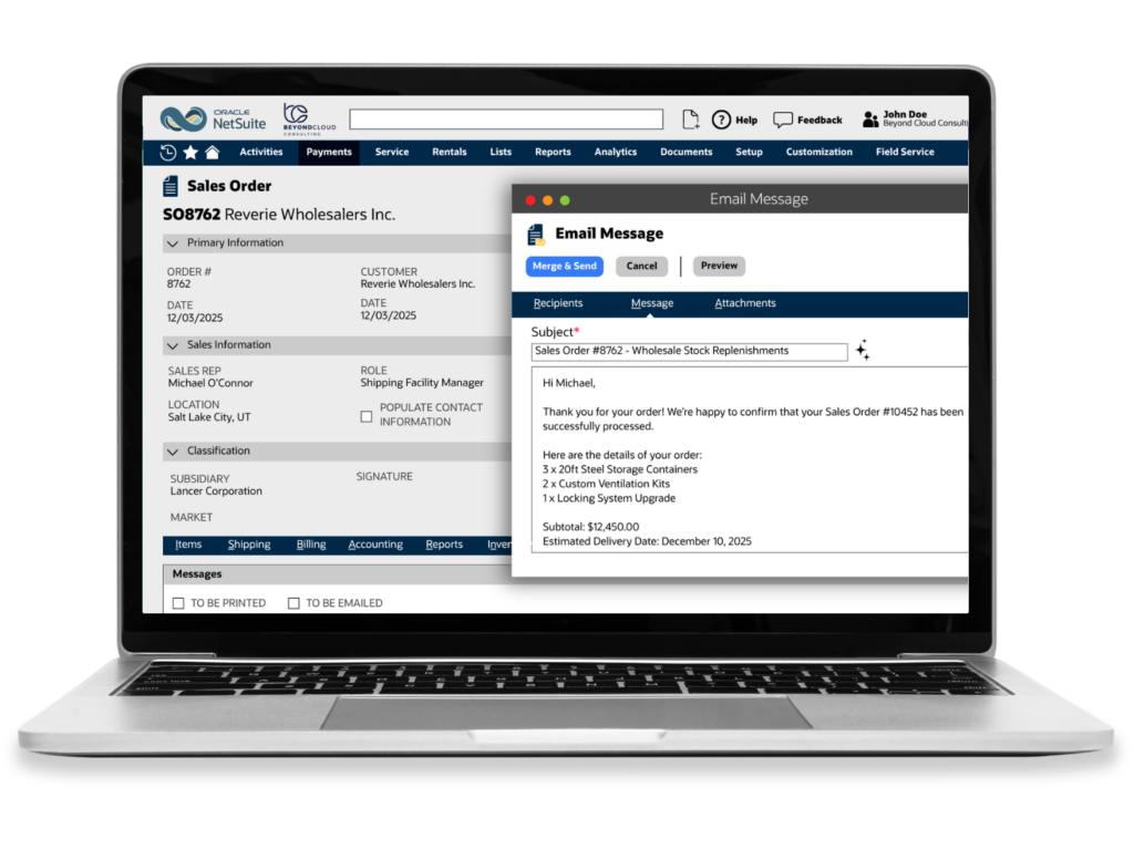 A laptop showing our AI Email Builder interface.