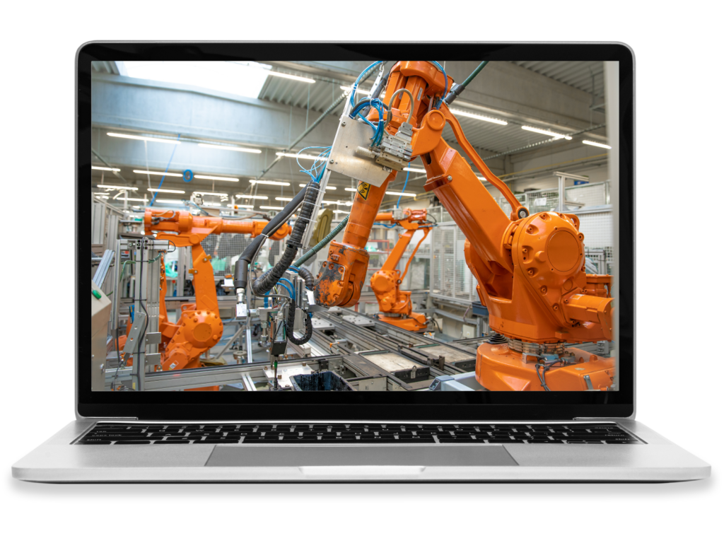 A laptop showing a robotic arm.