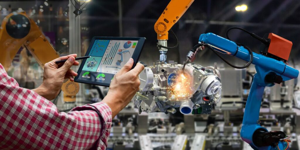 A robotic arm involved in a manufacturing process.