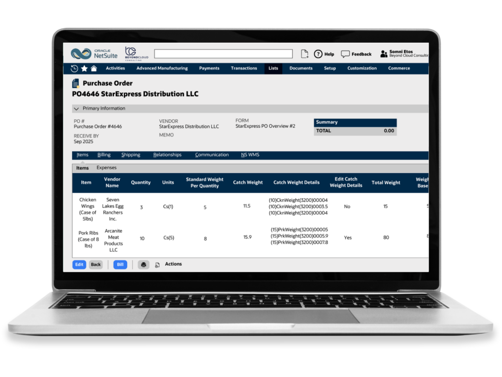 A laptop showing our Catch Weight interface.