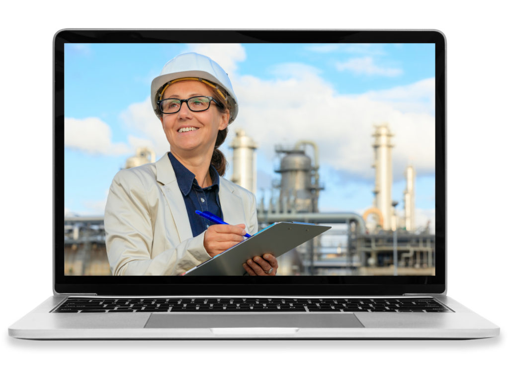 A laptop displaying an engineer with a clipboard at a chemical plant