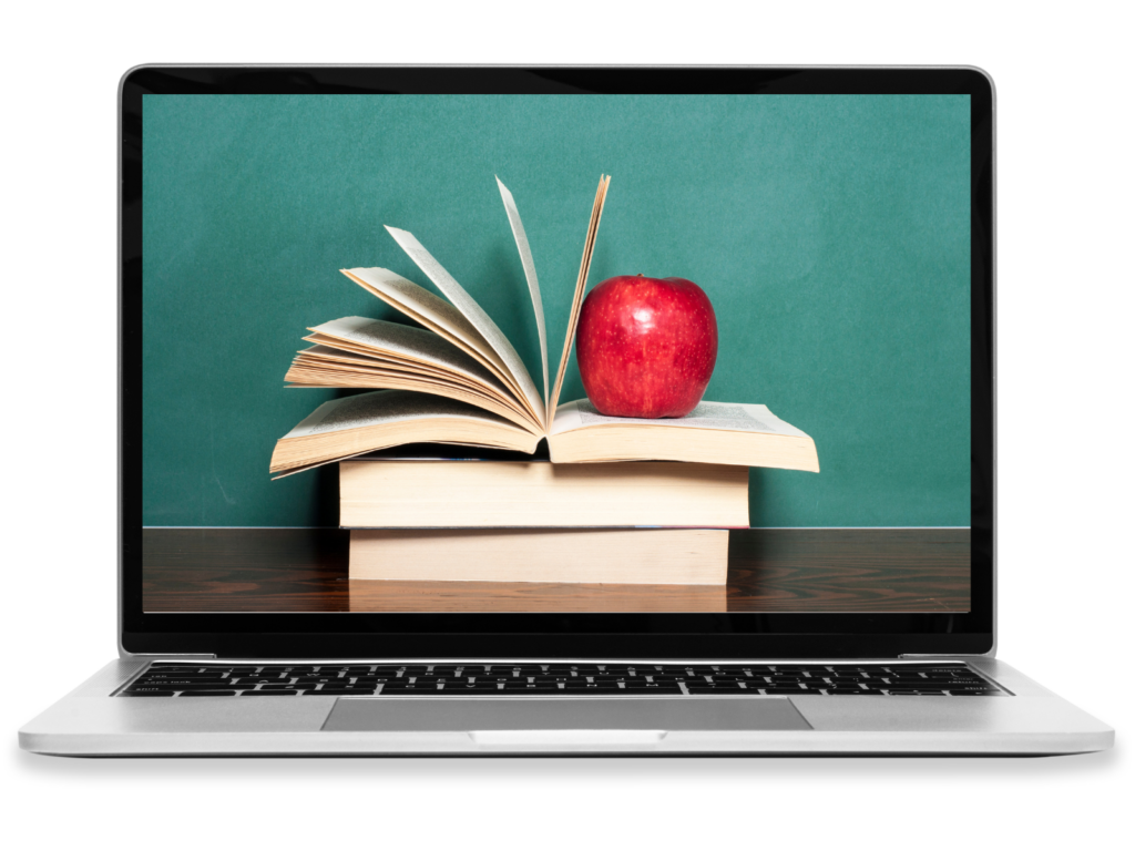 A laptop showing a few books and an apple.