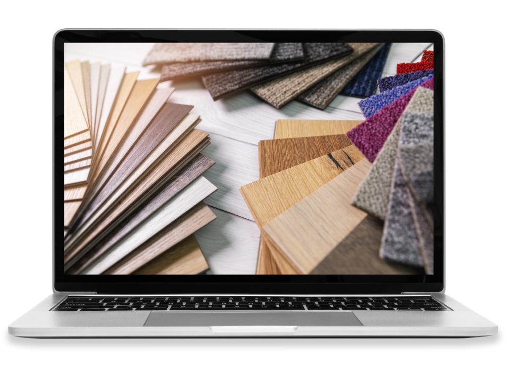 A laptop displaying flooring and carpet sample swatches