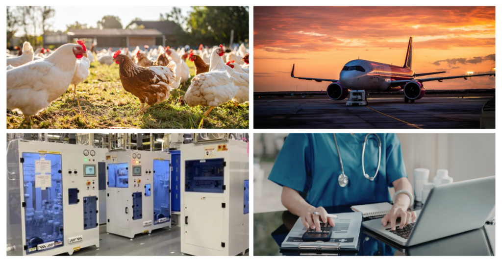 A gallery showing a chicken farm, airplane on a runway, machinery, and nurse using a computer.