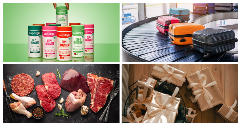 A gallery showing some Supergut vitamins, a baggage claim, raw meat, and some gifts.