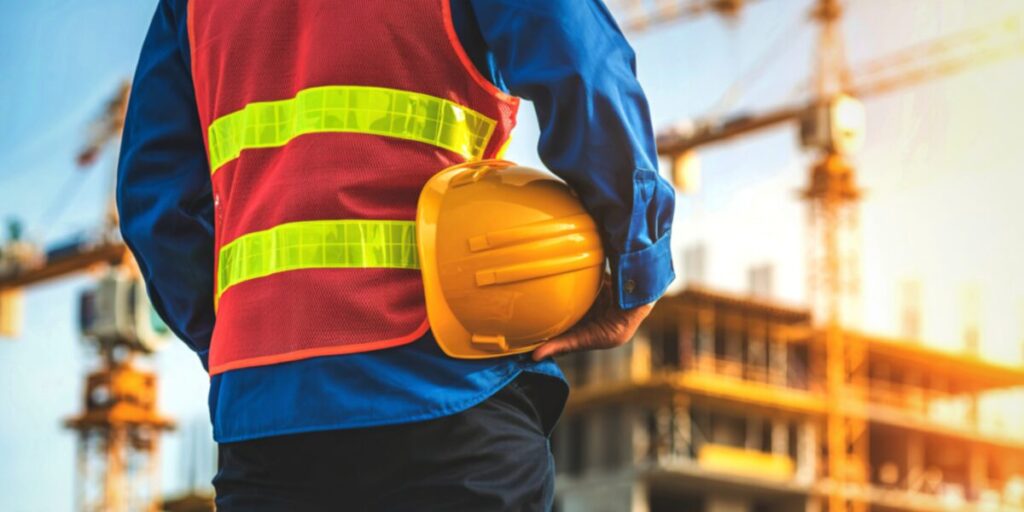 A construction worker holding a hard hat.