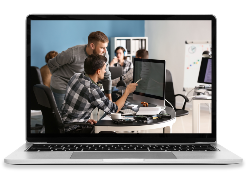 A laptop with an IT crew.