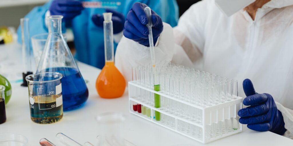 Beakers full of chemicals.