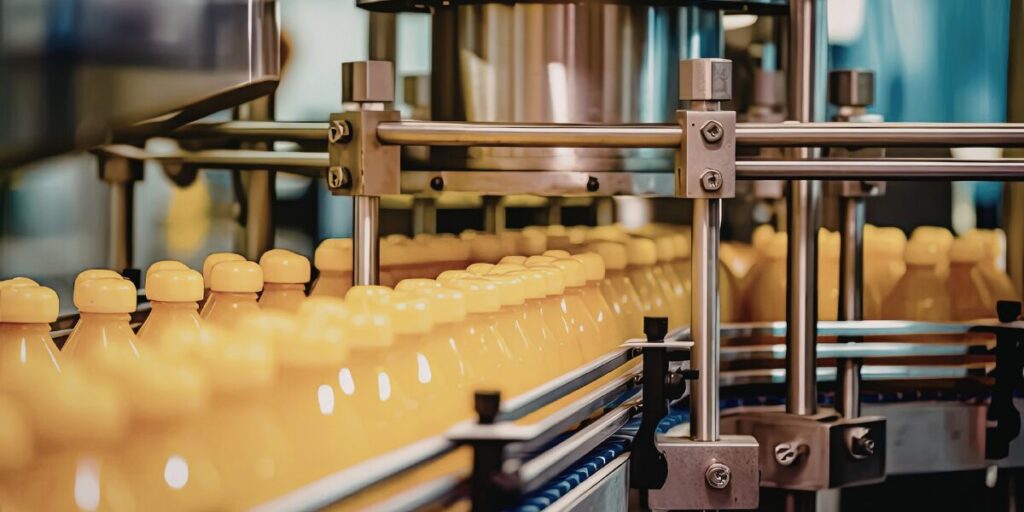A row of bottles going down a production facility.