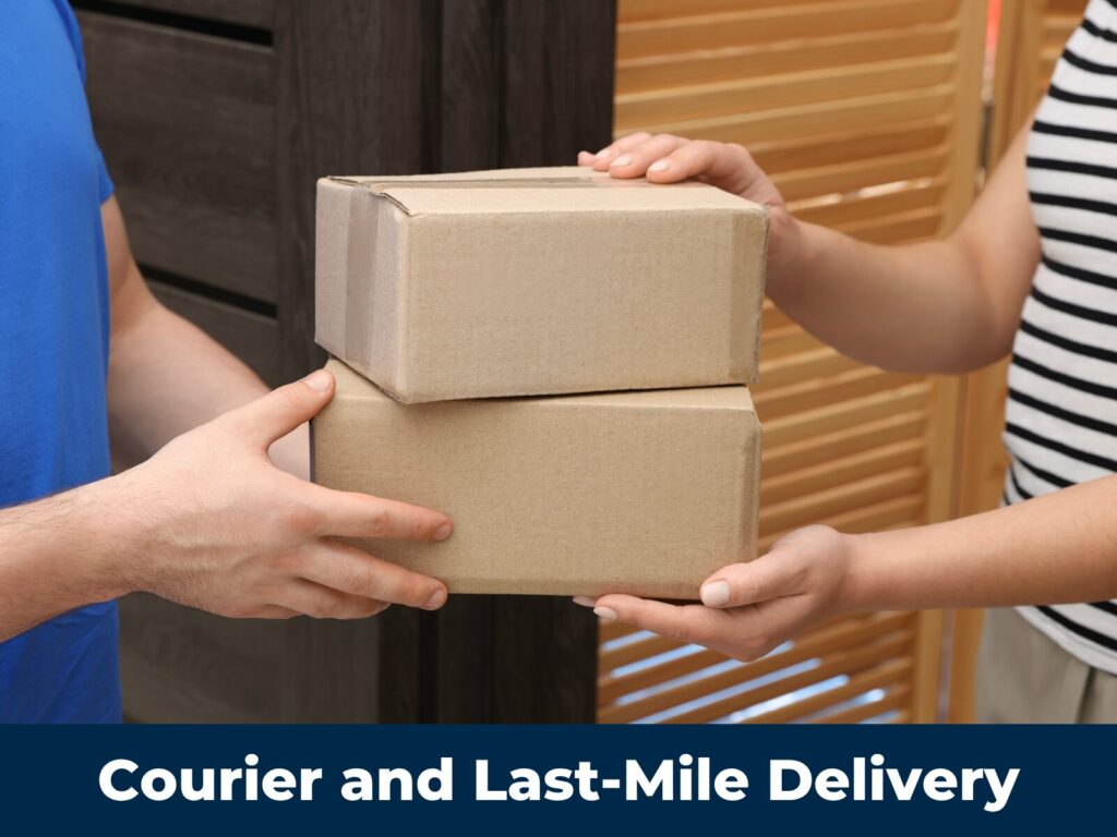 A courier handing a package over to the client.