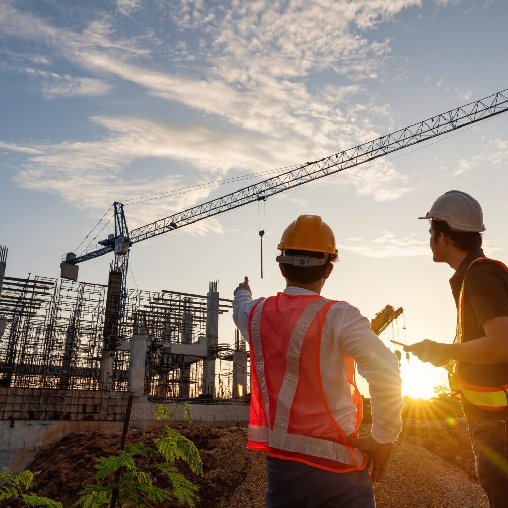 Two construction workers glancing over at a construction site with a massive crane.