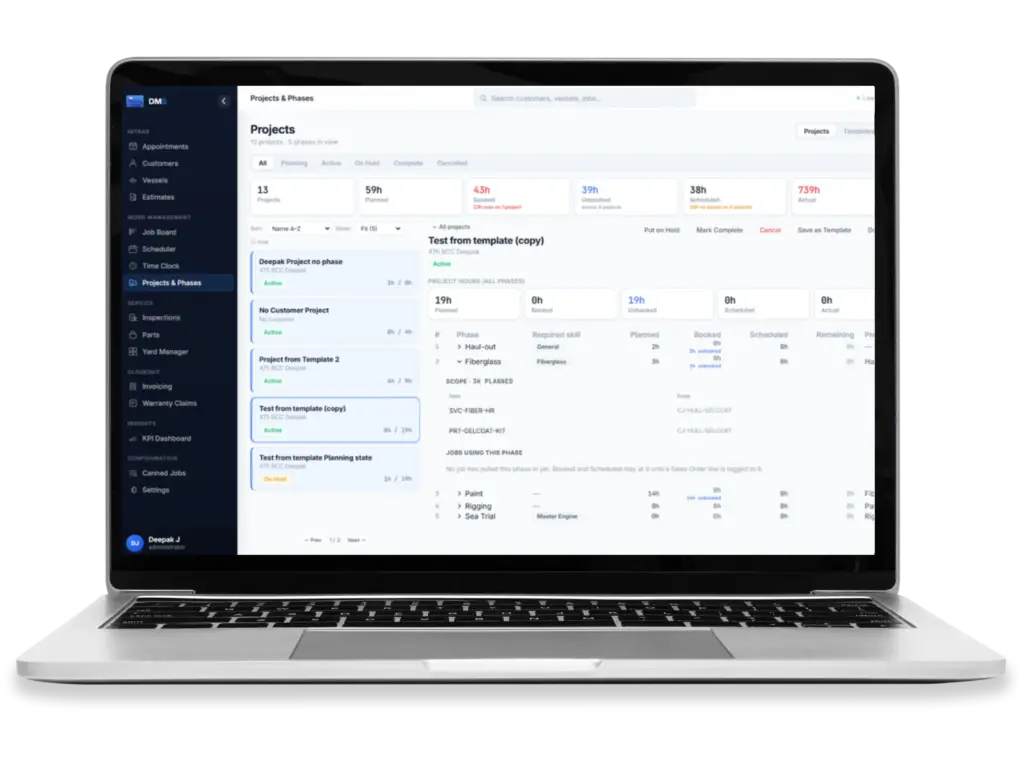 BCC Dealer Management System for NetSuite - Projects and Phases view with the hours ladder, shown on a laptop